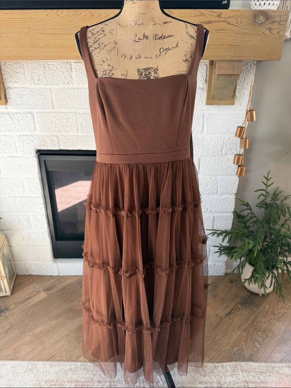 Adrianna Papell Chocolate Brown Tiered Midi Dress with Square Neck